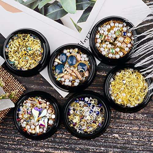Edittime 6 Wheels Mixed Sparkle Nail Art Rhinestones Diamonds Crystals Butterfly Beads Artificial Pearls Gold Silver Nail Studs Gems Metal Hollow Rivets Charms (Retro Rhinestones Kit) #TOP1