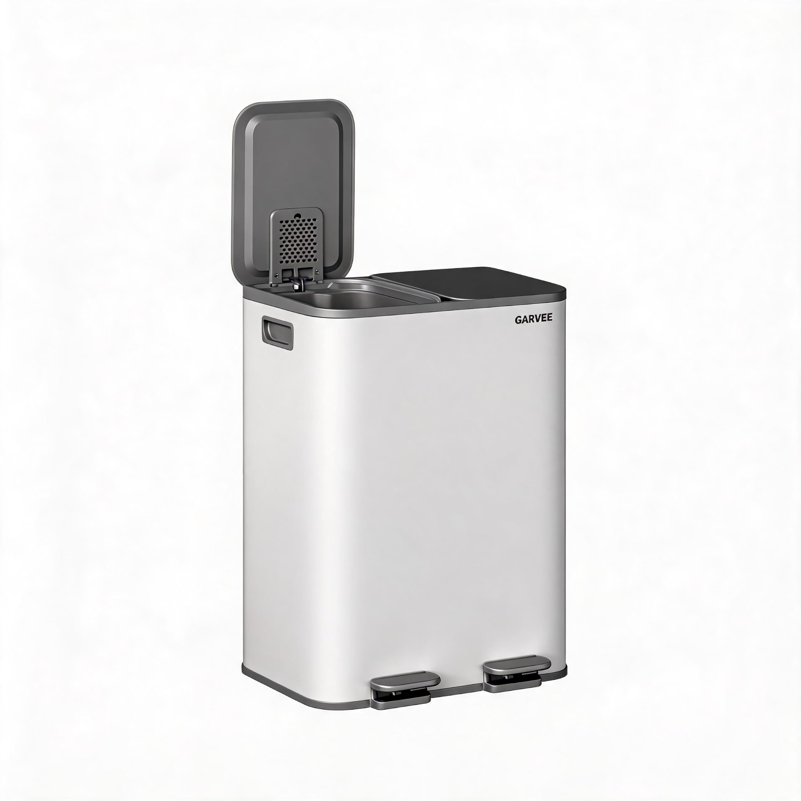 Doppio bidone da cucina 2x30L in acciaio inox - Coperchio soft-close, raccolta differenziata a pedale, secchi interni PP, rim liner - Pattumiera differenziata - Grigio-bianco