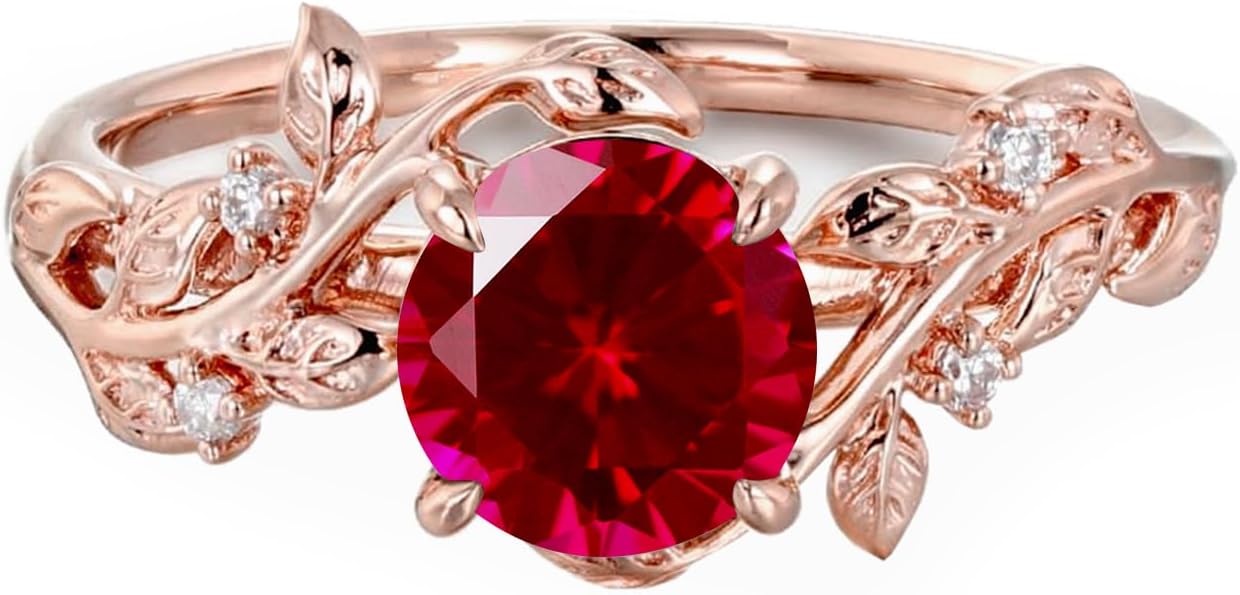 10K/14K/18K Gold 1 Carat Round Gemstone Nature Inspired Engagement Ring for Women Birthstone Leaf Vine Art Deco Wedding Promise Anniversary Rings for Her Wife Bridal Size 4~12 - Image 6