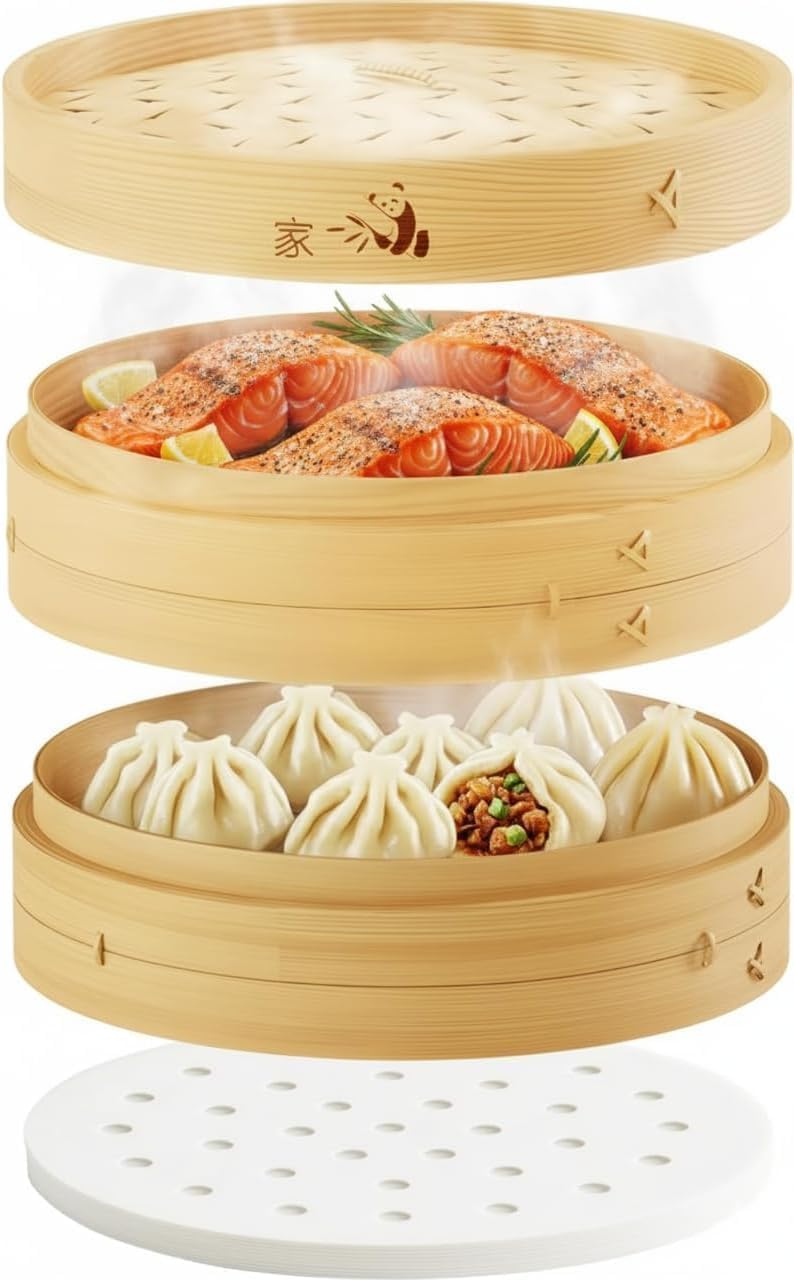 Prime Home Direct Bamboo Steamer Basket 10-Inch | 2-Tier Steamer for Cooking | 50 Liners, Chopsticks, Sauce Dish | Steaming Asian Food, Bao Buns, Chinese, Dim Sum, Dumpling, Rice, Vegetable Steam Pot