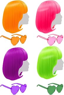 LIULIUBTY 4-Pack Neon Short Bob Wigs 12" Straight Flat Bangs - Colorful Cosplay Party Wigs for Women, Bachelorette Favors with Sunglasses & Wig Cap