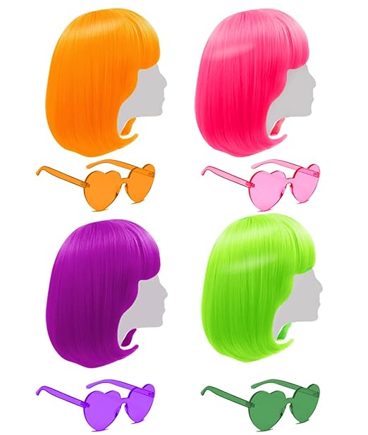 Short Bob Wig,4 Pieces Colorful Wigs,Cosplay Wigs 12” Straight with Flat Bangs,Neon Colored Wig for Women Girl Party Favors Bachelorette Party Night Club Come with Extra Wig Cap (Sunglasses)