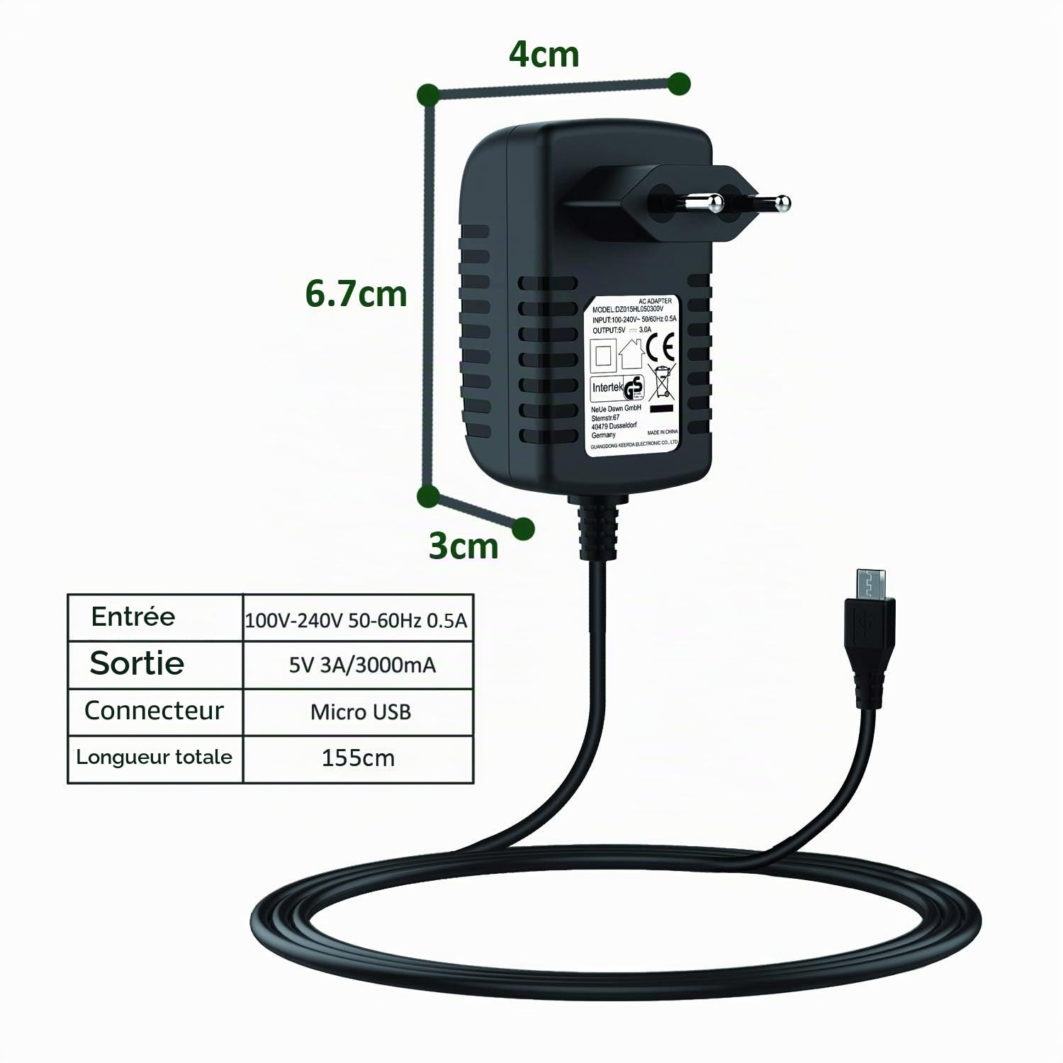 Chargeur Micro USB 5V 3A pour Raspberry Pi 3 B+, Raspberry 2/3 Modèle B/B+ (Plus), Samsung Galaxy, Banana pi, Téléphone Portable, Power Bank, Tablette, Caméra, MP4, Alimentation Micro USB 5V