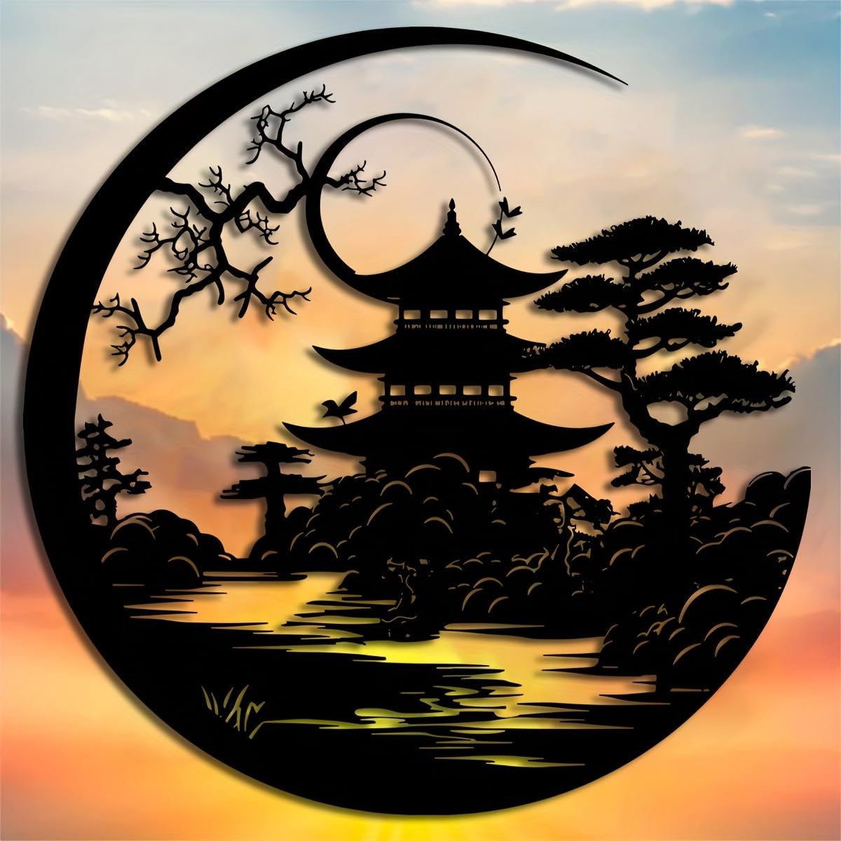 Decoración de pared abstracta contemporánea de metal, arte Art Déco, puerta Torii, 40 x 40 cm, pagoda japonesa y escena de la naturaleza, escultura de hierro, para interiores y exteriores, elegan