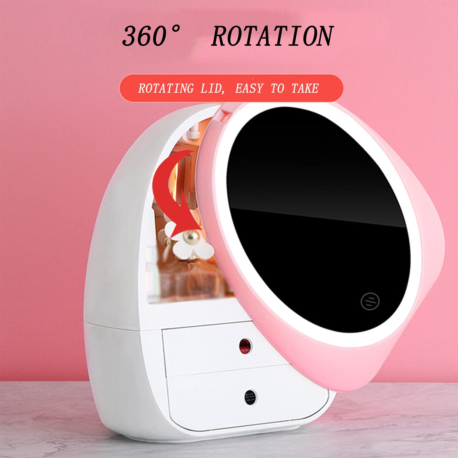 Barmalmnh Organizer per trucchi, scatola per trucchi di bellezza, impermeabile e antipolvere, organizer professionale per trucchi da viaggio, specchio per il trucco con luce rotante a 360 gradi,