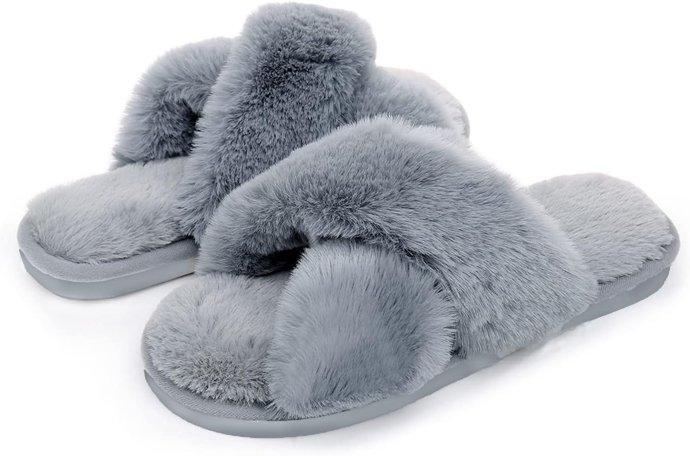 Women's Fuzzy Cross Band House Slippers Soft Plush Furry Fur Cozy Memory Foam Winter Warm Comfy Slipper Indoor Outdoor Slippers for Women and Girls 5 614rAd0GJsL. SL1354