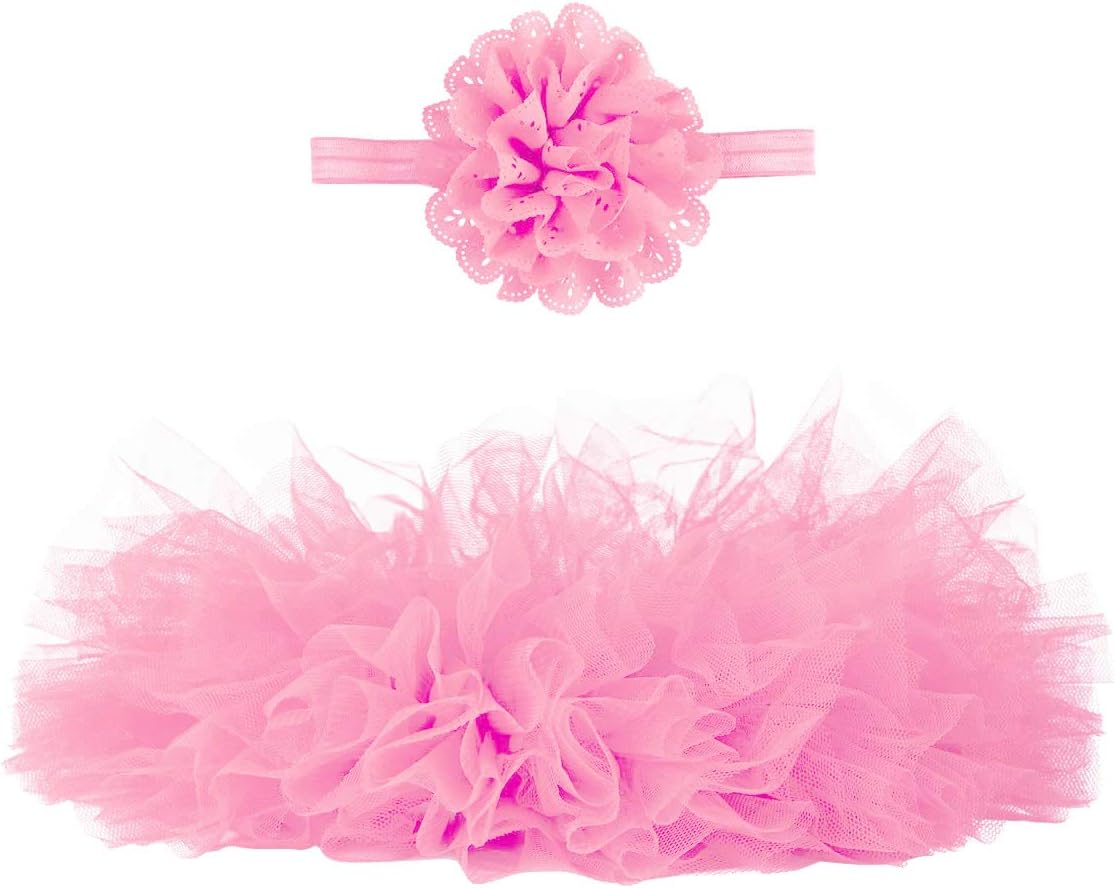 Angla 2pcs Flower Headband Tutu Skirt for Newborn Baby Girl (Pink), Medium