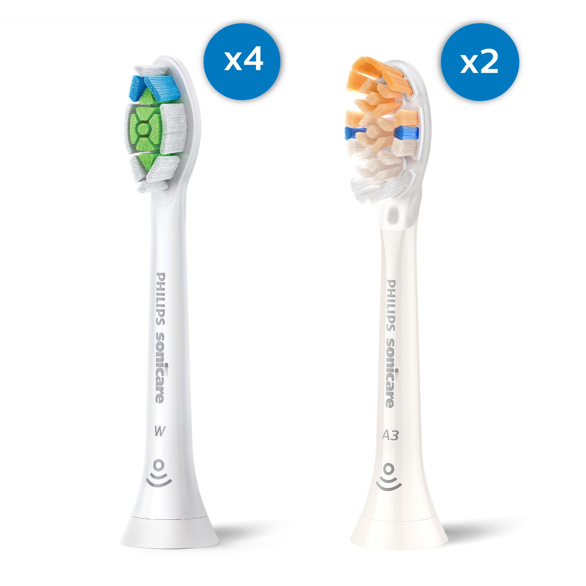 Philips Sonicare Paquete mixto con Premium All-in-One (A3), 2 unidades + Diamond Clean (W2), 4 unidades, cabezales de cepillo de dientes eléctrico de repuesto, blanco, BD9006AZ