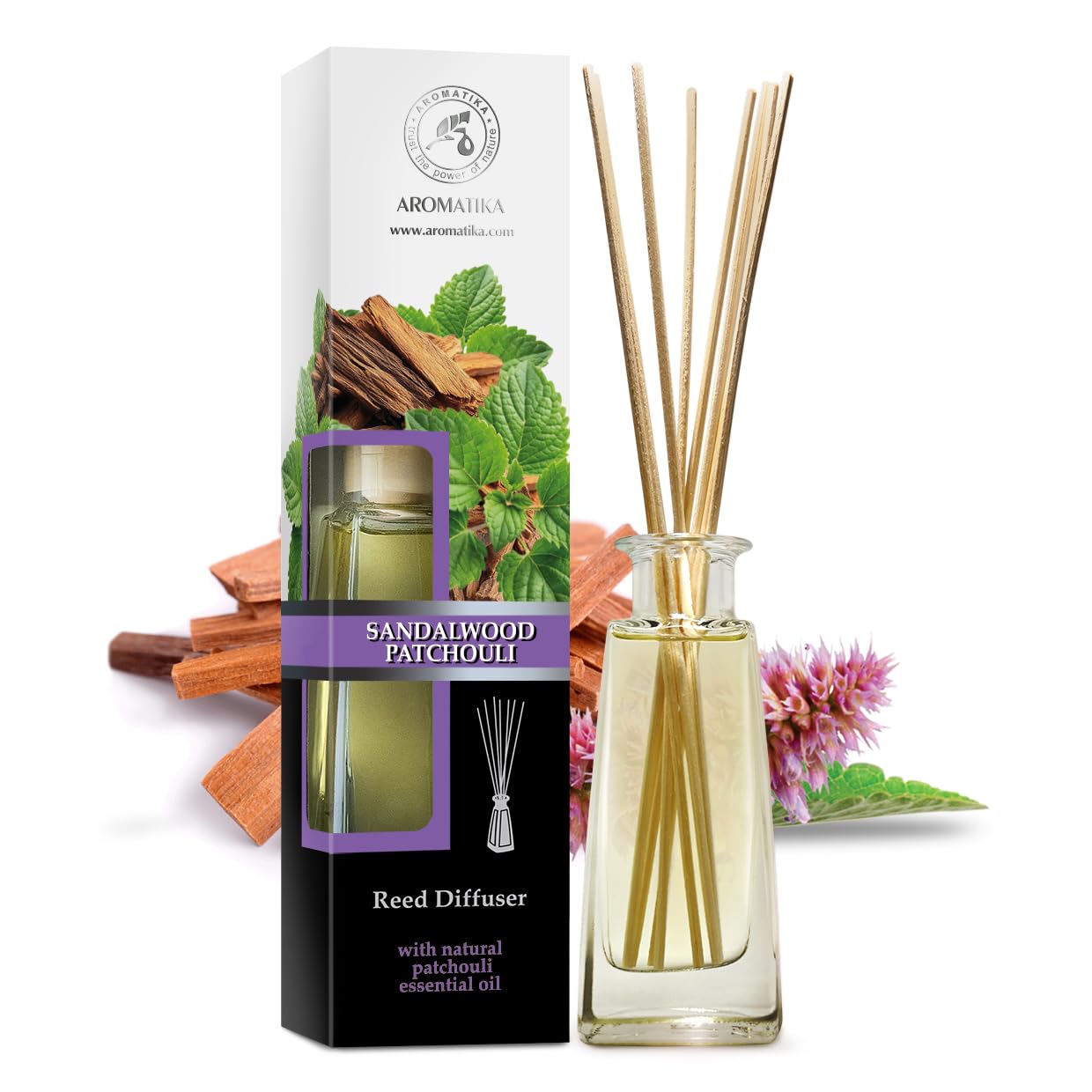 Reed Diffuser Sandalwood - Patchouli 3.4 Fl Oz (100ml) - Fragrance Oil Reed Diffuser with Rattan Sticks - Home Fragrance Diffuser - Air Freshener - Long Lasting Home Fragrance - Aromatherapy