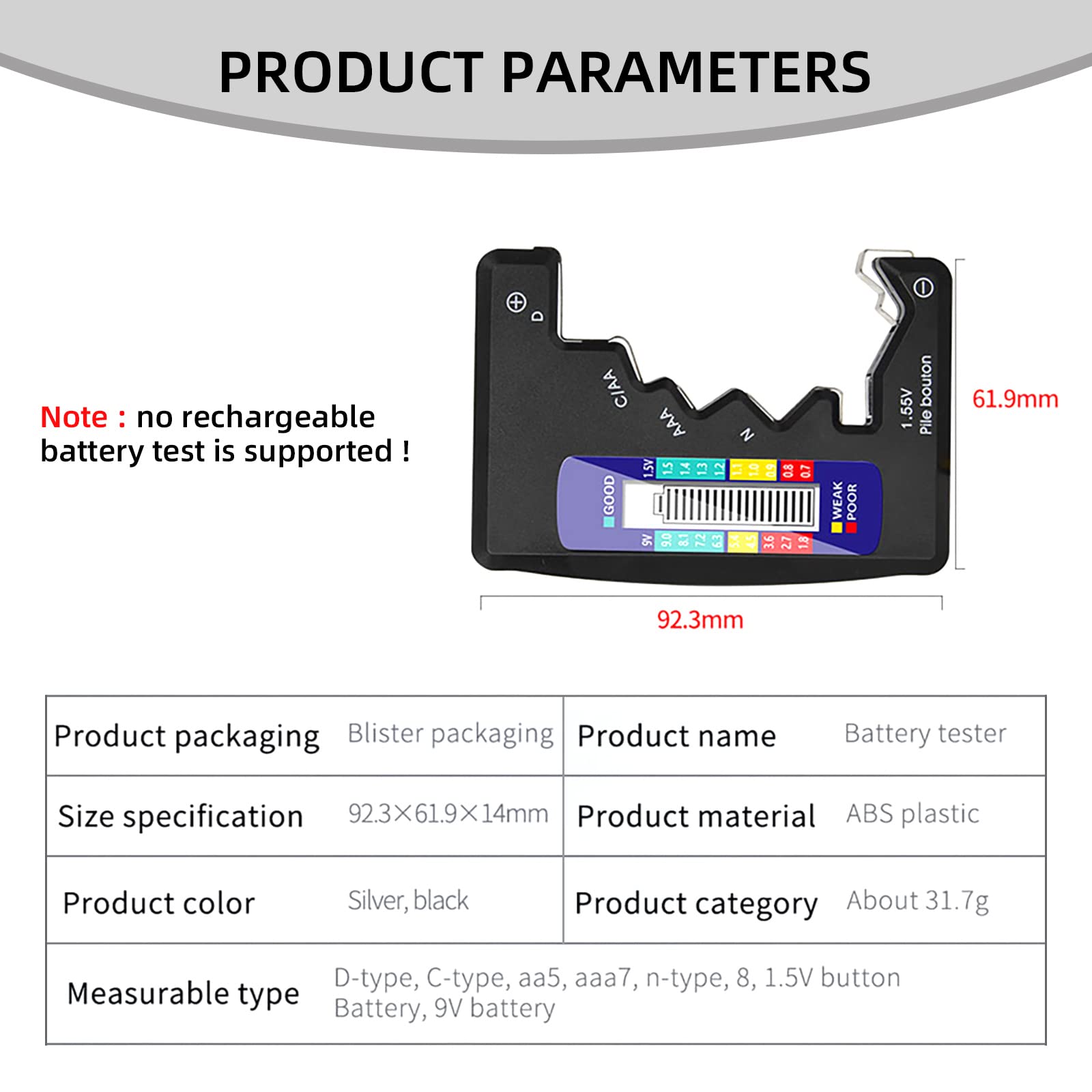 Tester della Batteria Universale con Display LCD Digitale per Batterie AA/AAA/C/D 1,5V-9V