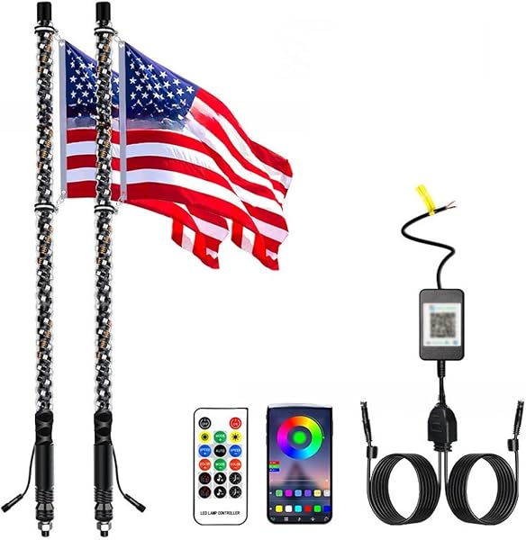 2 Pack 3FT Whip Lights, LED Whip Light with App & Remote Control, Spiral RGB Chasing Lighted Antenna Whips, Whip Light for UTV ATV RZR SXS Can-Am Dune Buggy Offroad Truck (3FT) - 1