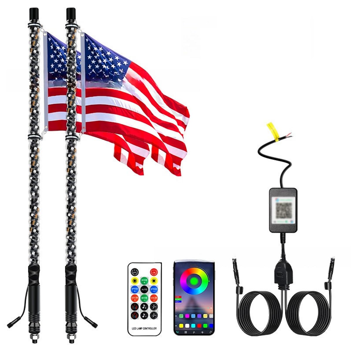 Lot de 2 fouets LED avec application et télécommande, fouet d'antenne RVB spiralé pour VUTT, ATV, RZR, SXS, Can-Am, dune buggy, camion tout-terrain (91 cm)