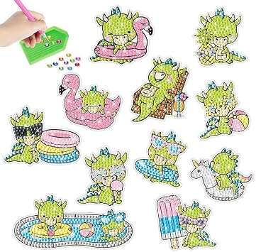 MEGZIHXN Kawaii Diamond Art Stickers,Green Cute Little Dinosaur Monster Dragon Cartoon Kids Gem Art Kits with Holographic Diamond Art Stickers - Gem Painting Diamond Art Kits for Kids