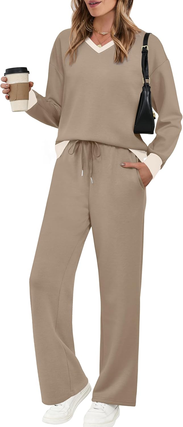 WIHOLL Lounge Sets for Women 2026 V Neck 2 Piece Outfits Airport Wide Leg Pants Matching Set Sweatsuits