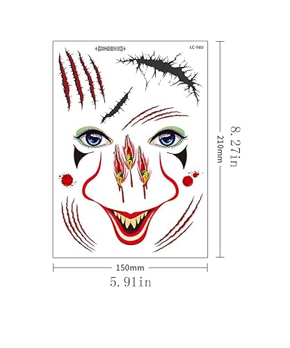 Miniatura 7 de Tatuajes de cara del Día de los Muertos, tatuajes temporales de Halloween, 9 hojas de calcomanías de sangre falsa de cicatriz de araña, para