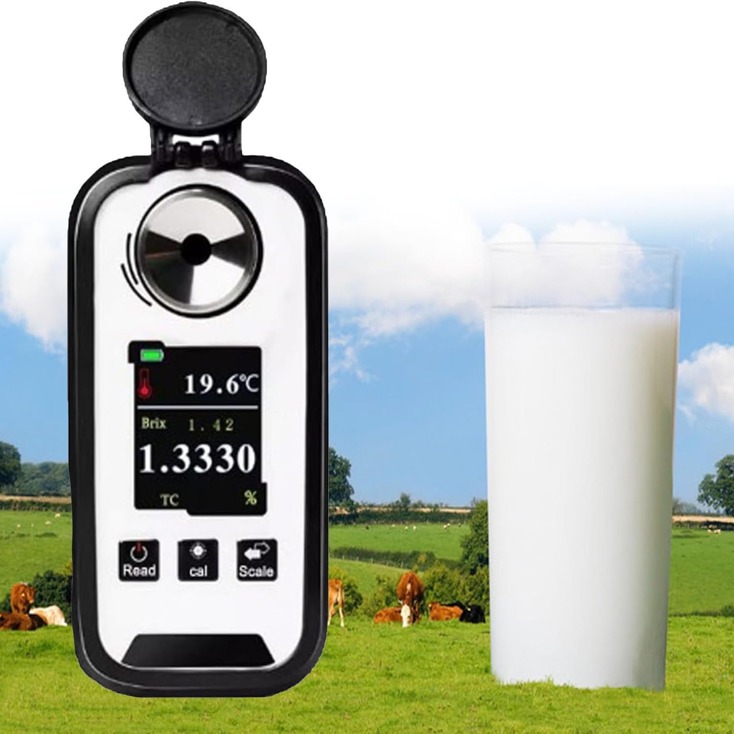 Refractómetro de mano para medición de calostro de vaca lechera, pantalla LED, lecturas rápidas de 3 segundos, rango de medición 0-50%, compensación de temperatura, precisión ± 0,2 %