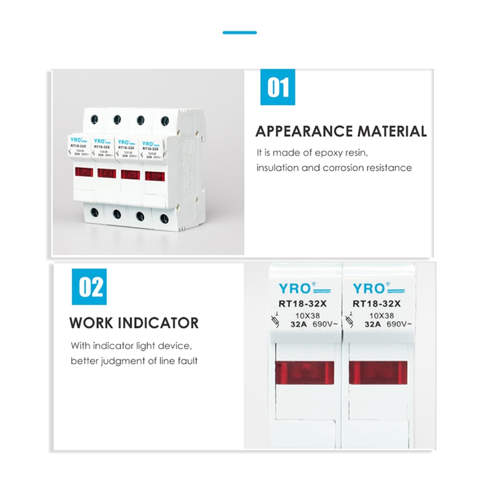 AC 1 zestaw 1P LED bezpiecznik uchwyt 690 V z 10 x 38 mm Flink ceramiczny rdzeń 0,5 ONE 1 A 2 A 3 A 4 A 5 A 6 A 8 A 10 A 16 A 20 A 25 A 32 A RO15 (Blue-1sets Fuse and Base, 10A)