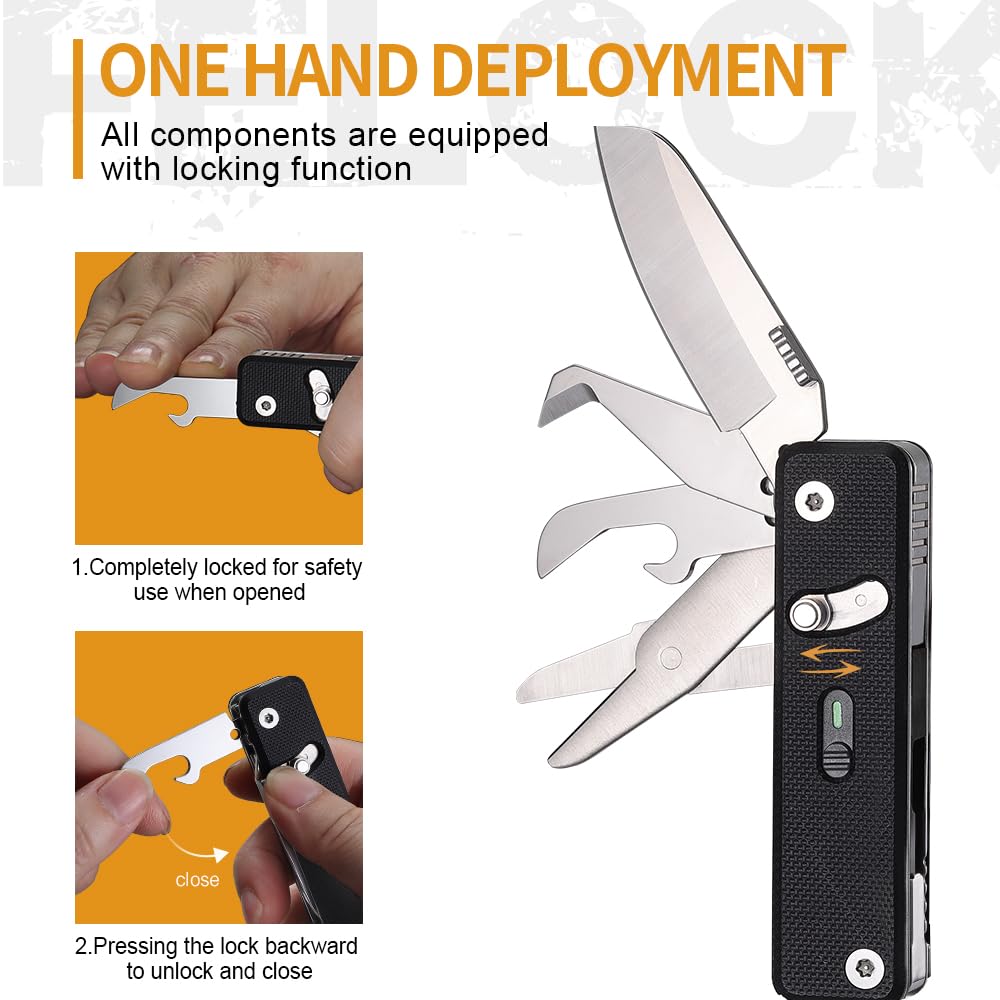 ROXON Navaja de bolsillo multiherramienta EDC S504G Mini Flex Companion | 7 en 1 con mango G10, hoja corta de pata de oveja, tijeras, abrebotellas y abrelatas, punta de 4 mm, etc.