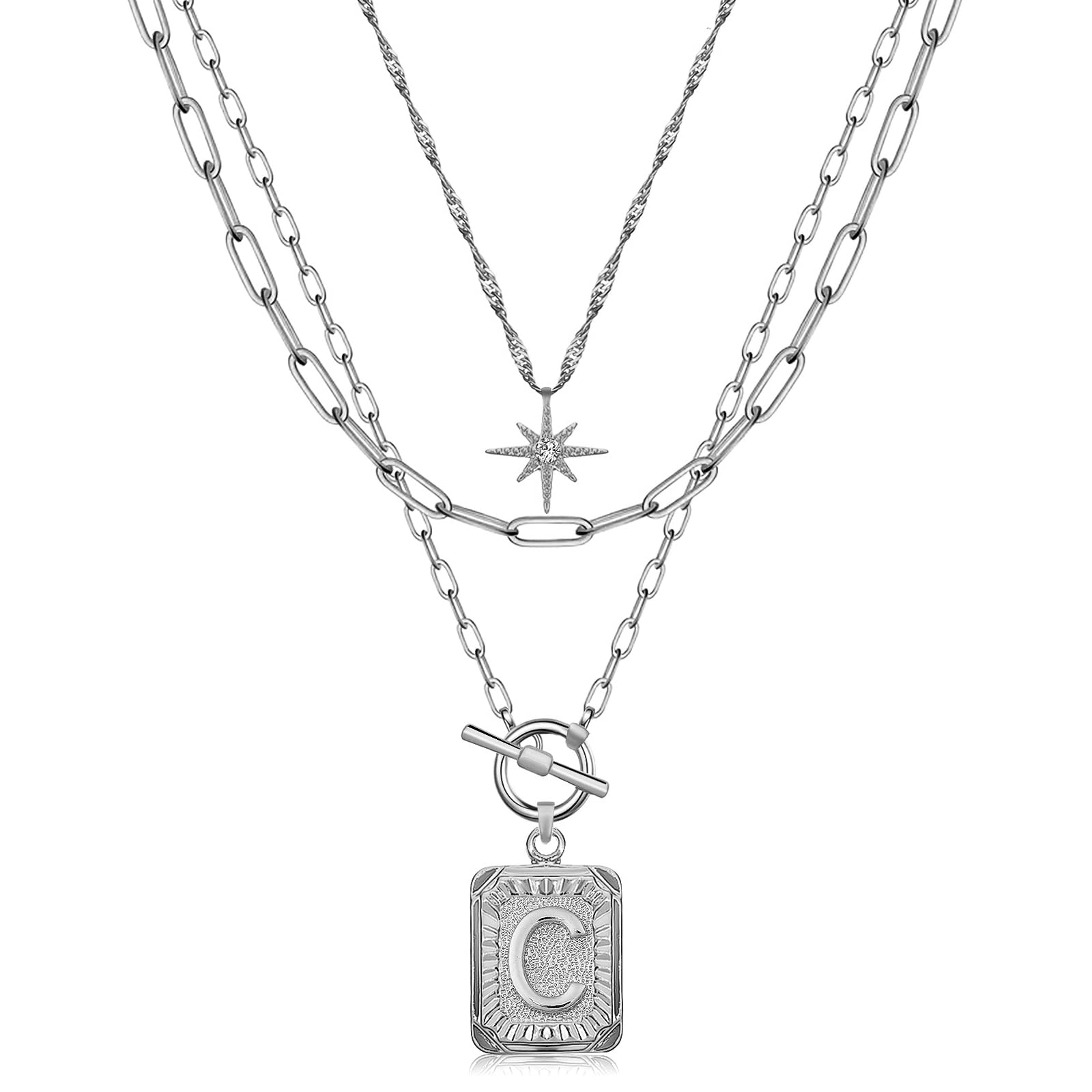 MJartoriaLayered Initial Necklaces for Women Trendy, 14K Gold Plated Simple Star Choker Square Letter Pendant Necklace, Paperclip Chain Necklace, Gold Necklaces Jewelry Gifts