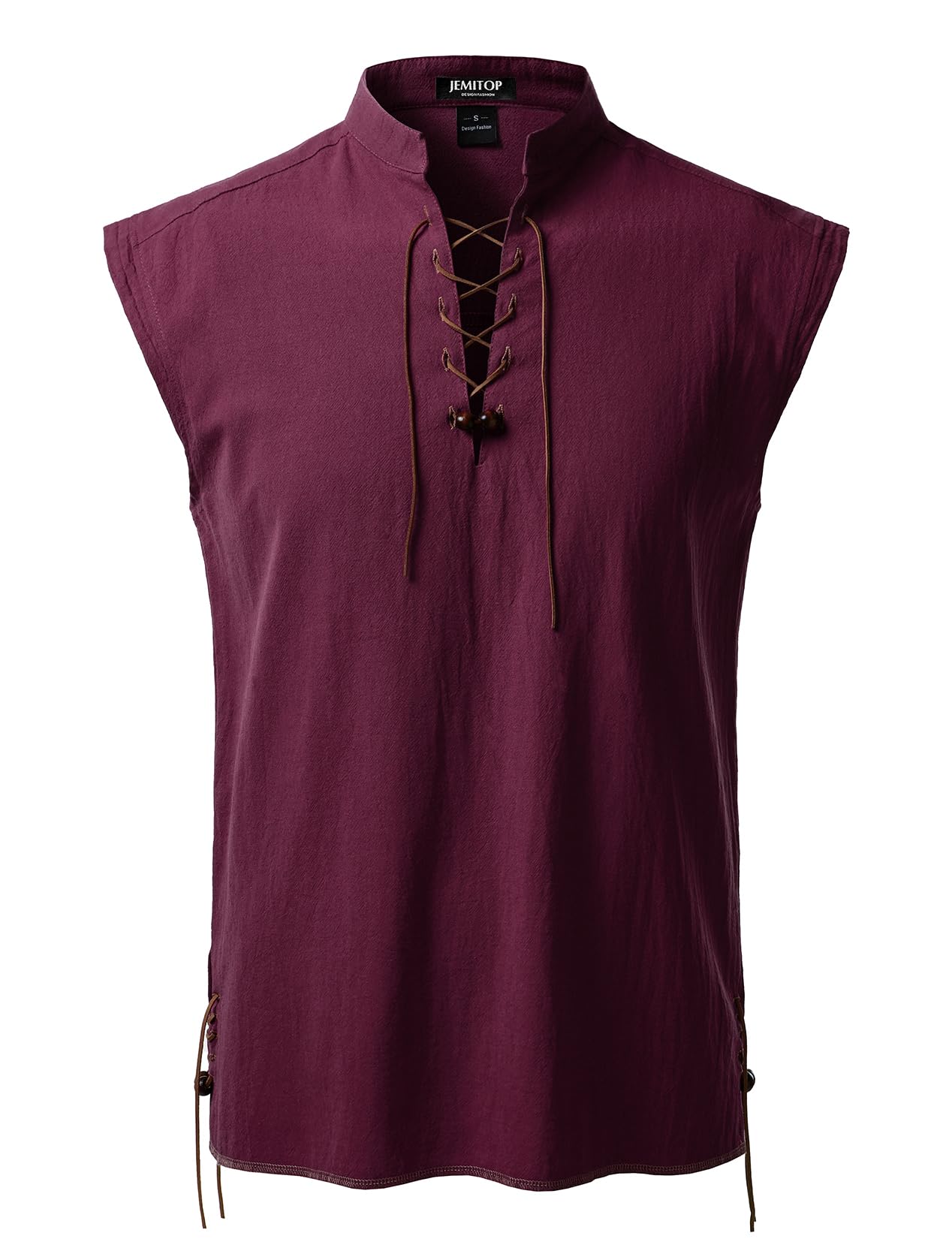 JEMITOP Men's Retro Pure Cotton Lace Up Sleeveless Shirts for Pirate Renaissance Medieval Viking Costume, Burgundy, 3XL