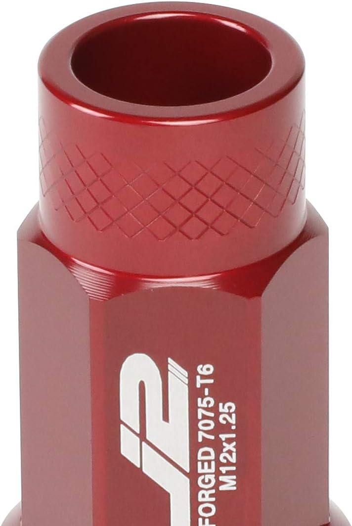 J2 Engineering 7075 Aluminum M12 x 1.25 20 Pcs 50mm Open End Lug Nut Set w/Adapter Red fit Vehicles with 4 or 5 Lug M12x1.25 Threads