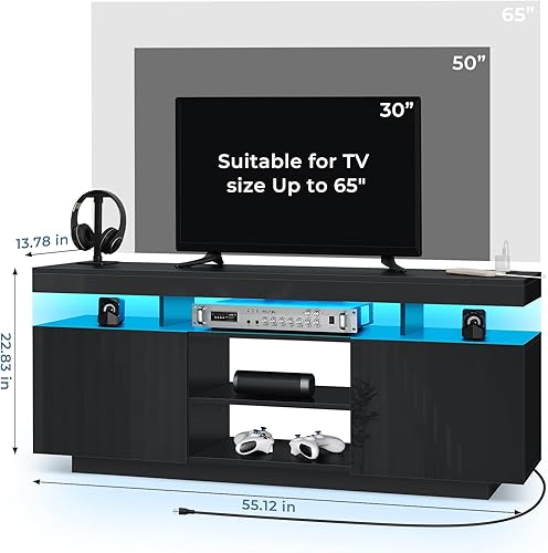 Miniatura 9 de HOMMPA Soporte de TV LED para TV de 65/60/55 pulgadas Centro de Entretenimiento Moderno con Tomas de Corriente, Consolas de TV para Juegos con