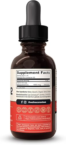 Miniatura 5 de Live Conscious Gotas líquidas sublinguales de vitamina B12 vegana Metilcobalamina Fuerza máxima B12 5000mcg Fórmula - Vitamina B 12 vegana para