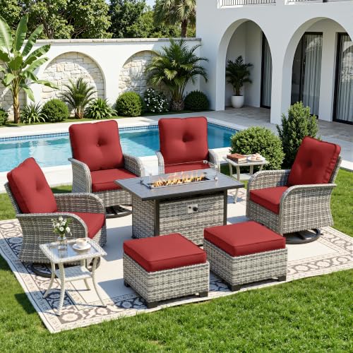 Image of 9-Piece Small Patio Furniture Set, Outdoor Swivel Rocking Chairs Set with 55,000 BTU Fire Pit Table Wicker Chairs and Ottomans, Patio Bistro Set for Balcony, Deck, Porch, Red
