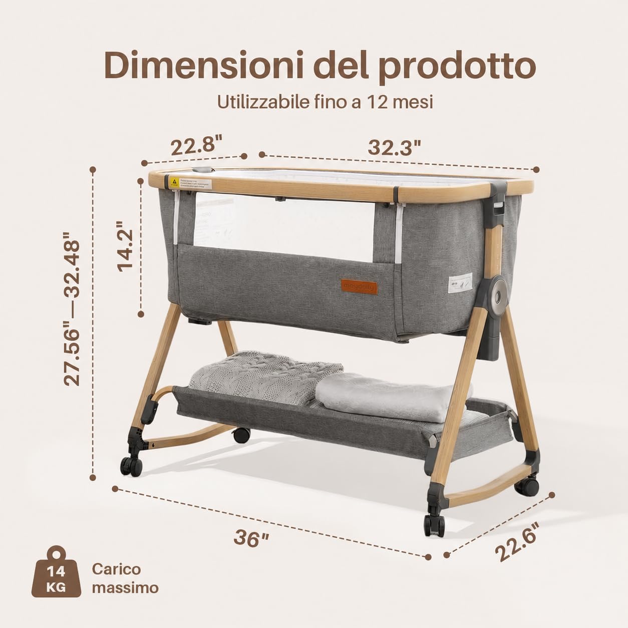 Maydolly Beistellbett 3 in 1 Lettino Portatile per Bambini con Rete Traspirante e Lenzuolo, Carrozzina Regolabile Lettino. (grigio)