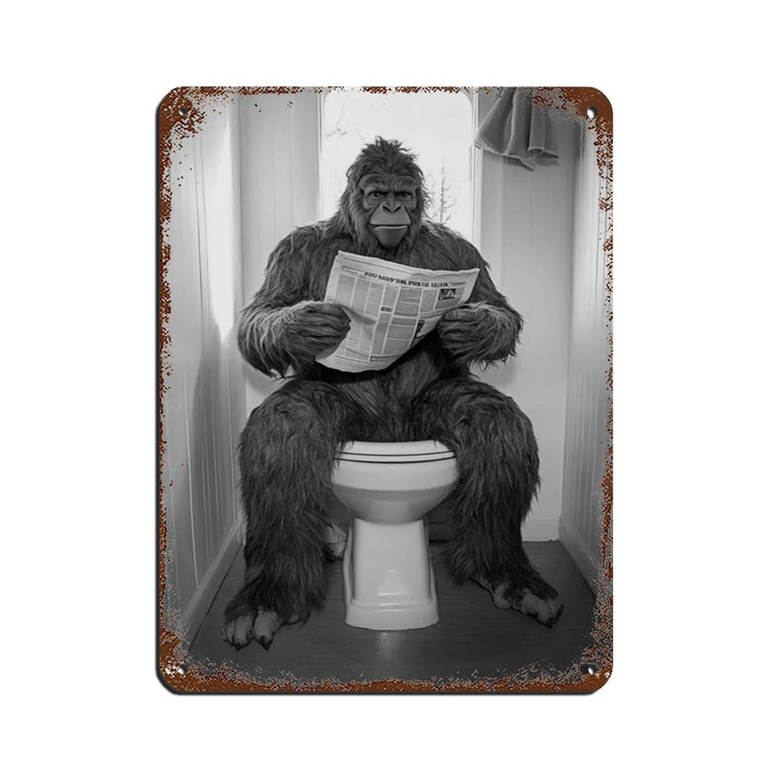 Sasquatch Sitting on The Toilet Reading A Newspaper Retro Poster Metal Tin Sign Chic Art Retro Iron Painting Bar People Cave Cafe Family Garage Poster Wall Decoration 12x16inch(30x40cm)