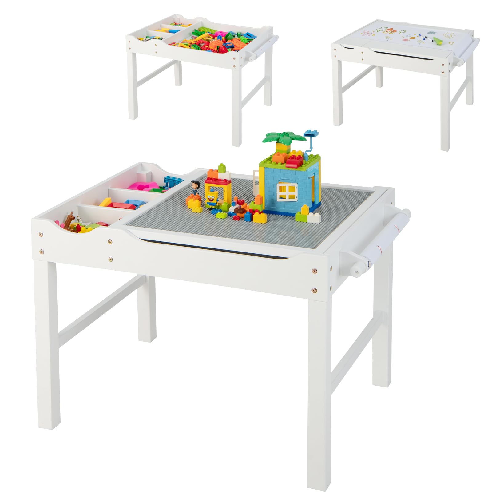 COSTWAY 2 en 1 Table de Blocs de Construction Enfants avec Plateau Réversible, Table Multi-activités en Bois avec Rouleau de Papier, Espace de Rangement, Bureau pour Lire Dessiner Jouer, 3 Ans+