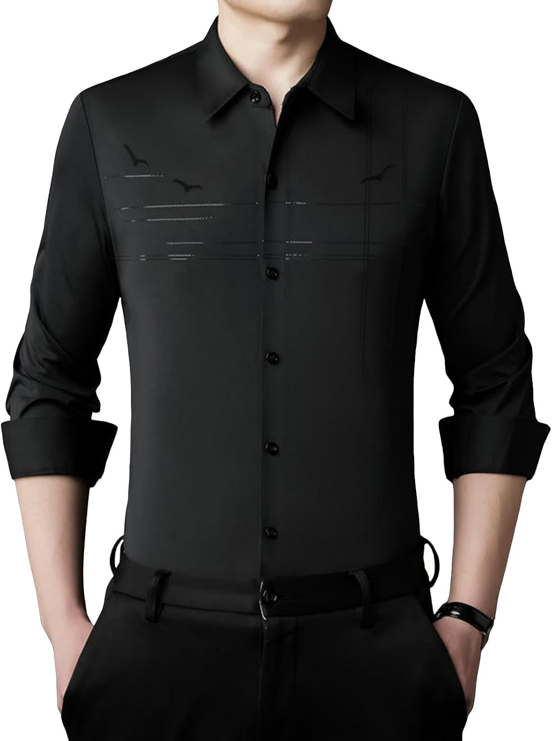 Men's Spring Seamless Printed Business Casual Wrinkle-Free Elastic Middle-Aged Long Sleeve Shirt