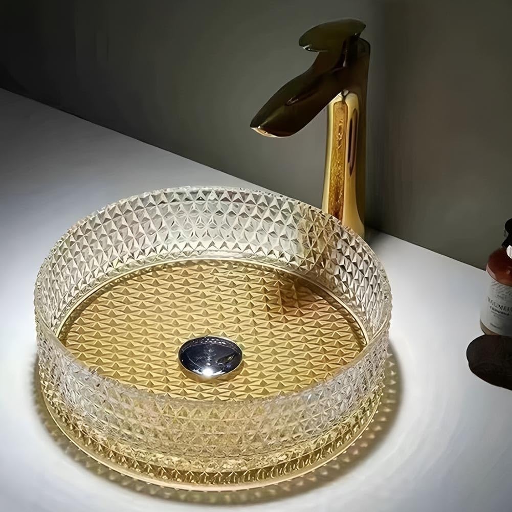 CSXSXAUO Crystal Glass Vessel Sink, Diamond Shaped Above Counter Basin for Modern Bathroom Vanity