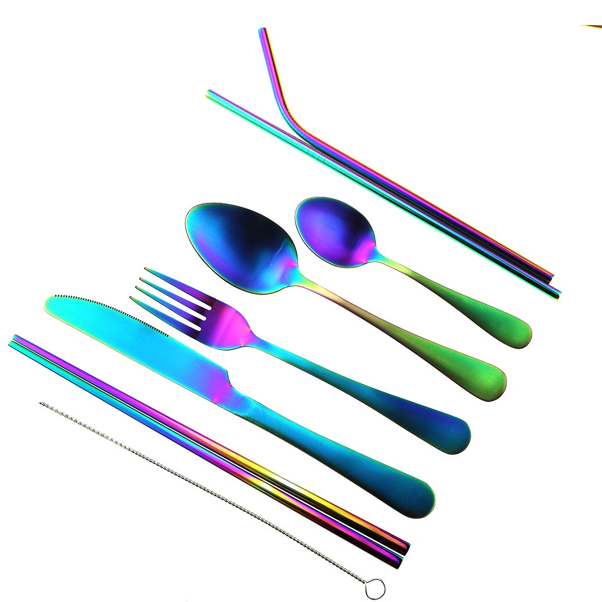 Rainbow Reusable Utensils with Case Camping Travel Silverware Set,Portable Stainless Steel Cutlery Set - Matte Flatware Set Knife Fork Spoon Mirror Straws Chopsticks - for Office Lunch, Hiking,School