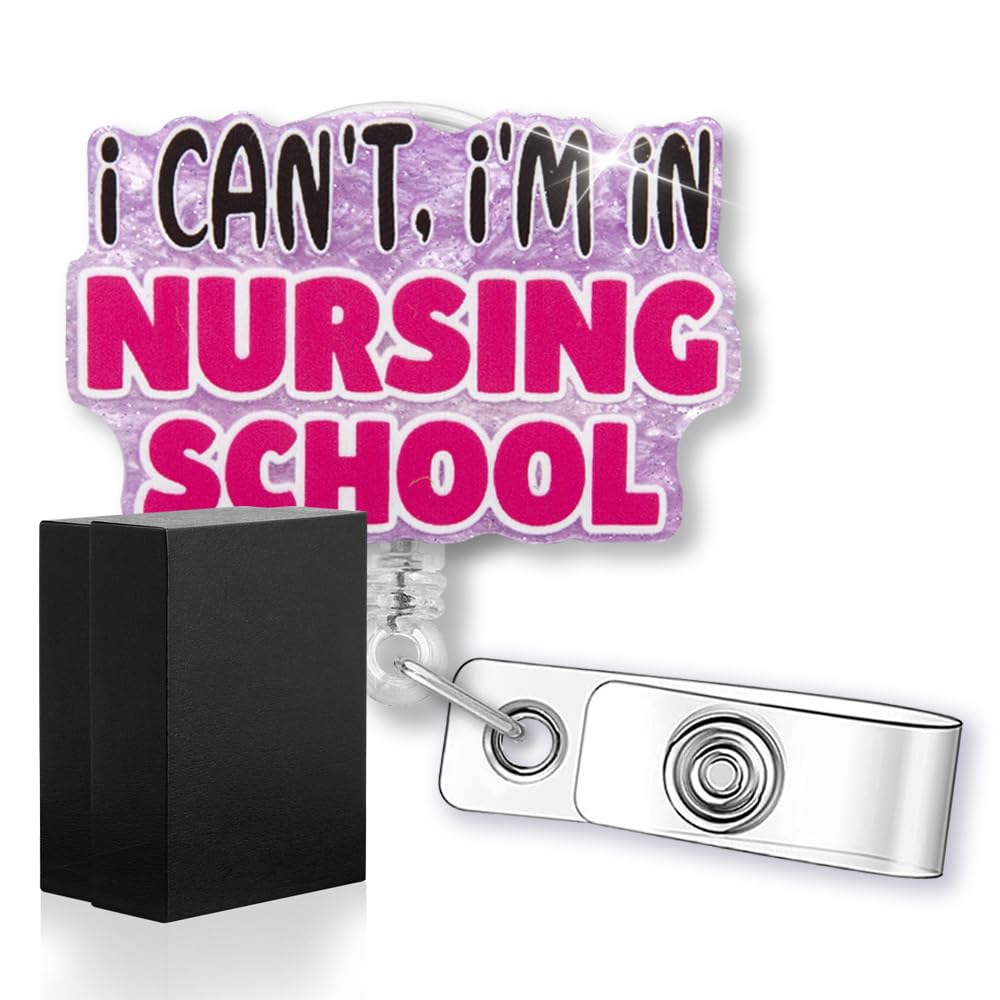 rofiowa I Can't, I'm in Nursing School Funny Glitter Badge Reel with ID Clip, Retractable Badge Holder for RN CNA LPN LVN Nurse School Future Nurse,