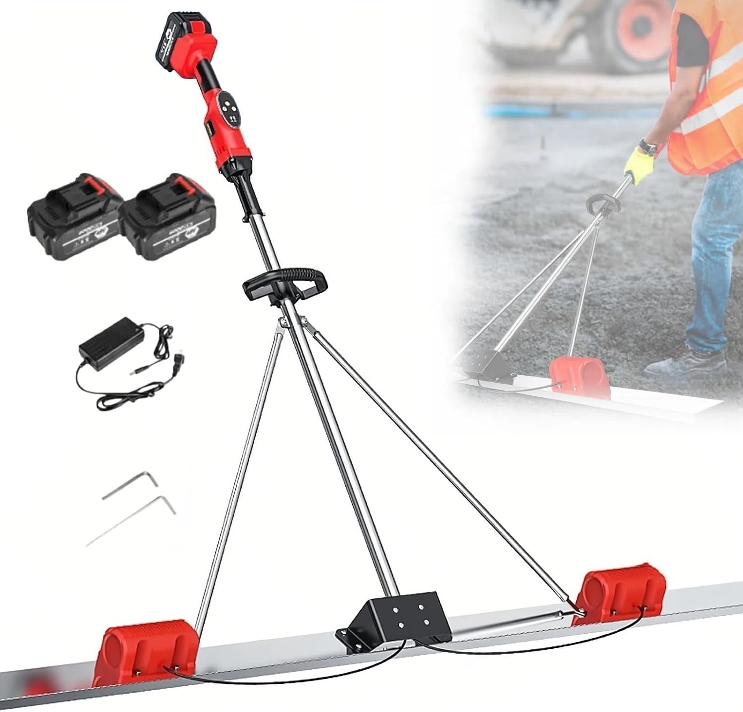 Senodon 2 Batteries Cordless Electric Screed Cement Finishing Vibrating Machine, 21V 6000Rpm Concrete Vibrating Tool, With 150/180/200Cm Stainless Steel Board, 7500Mah Battery