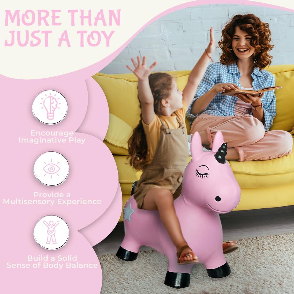 Pink Unicorn Bounce & Ride-on Inflatable Hopper Toddler Toy with Pump