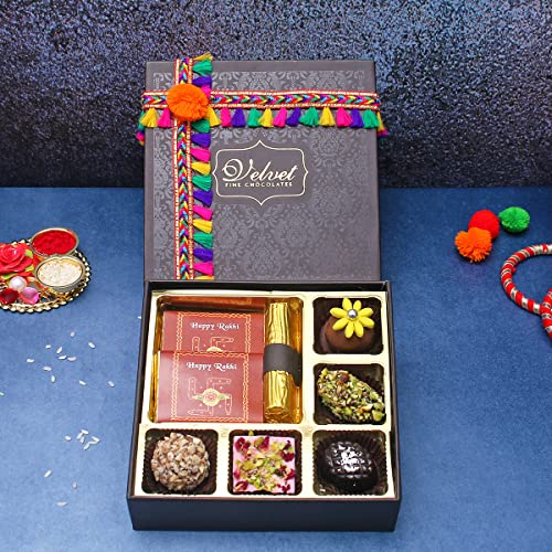 Image of Velvet Fine Chocolates Rakhi Gift Hampers Pack for Brother & Sister | Rakhi Gift Box with 5 Assorted Chocolates, 1 Cranberry Log, 1 Hazelnut Chocolate Bar, 1 Orange Chocolate Bar & Rakhi