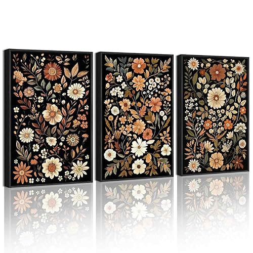 KUVIOKE Orange Vintage Flower Framed Wall Art Boho Floral Wall