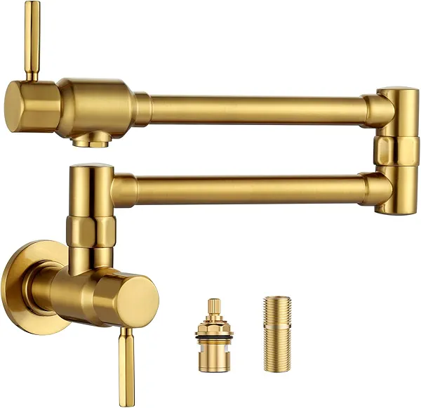 Pot Filler Faucet, Wall Mount Pot Filler for Kitchen Sink, Solid Brass Heavy Duty Folding Stove Faucet 2 Handles with Double Joint Swing Arms, Brushed Gold
