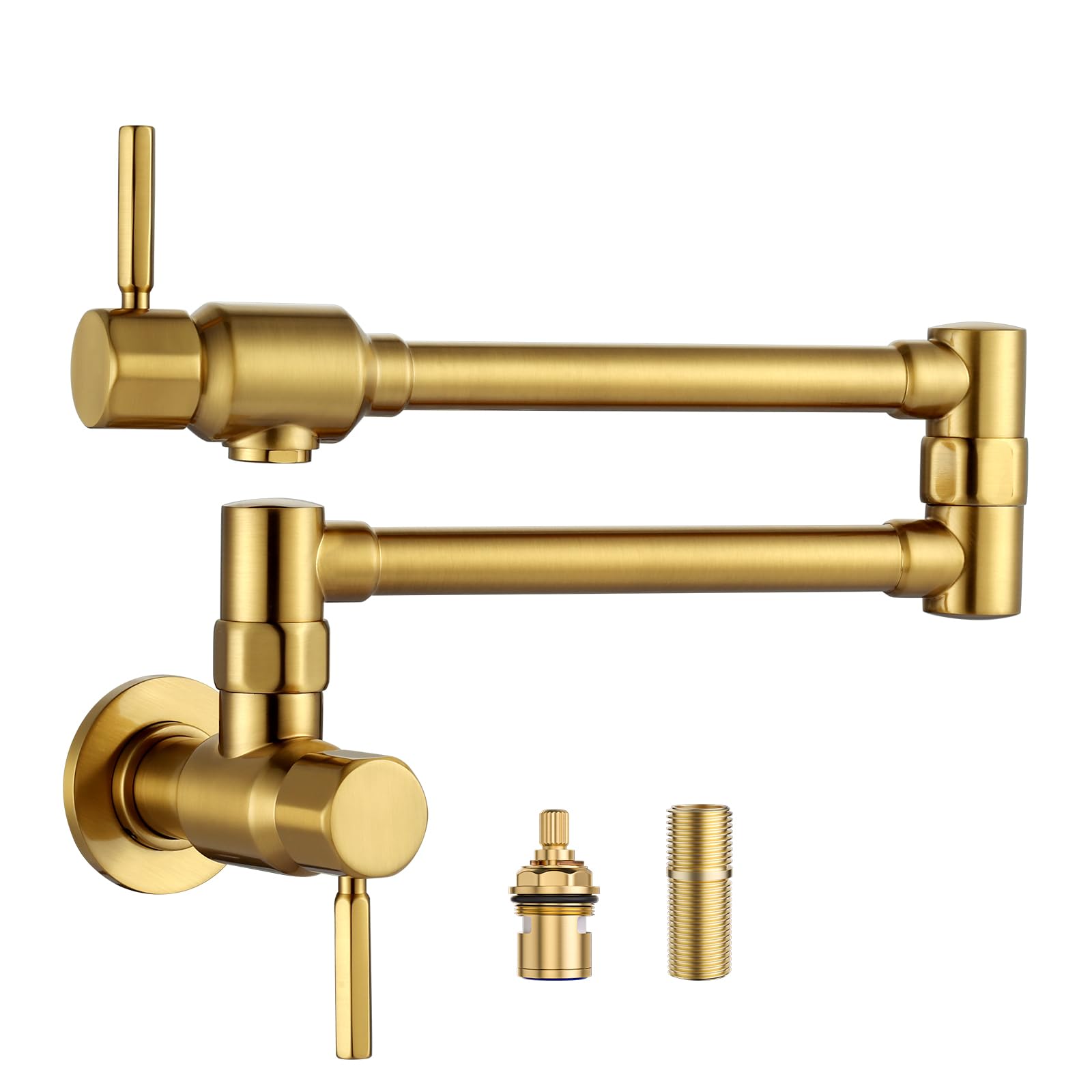 Pot Filler Faucet, Wall Mount Pot Filler for Kitchen Sink, Solid Brass Heavy Duty Folding Stove Faucet 2 Handles with Double Joint Swing Arms, Brushed Gold