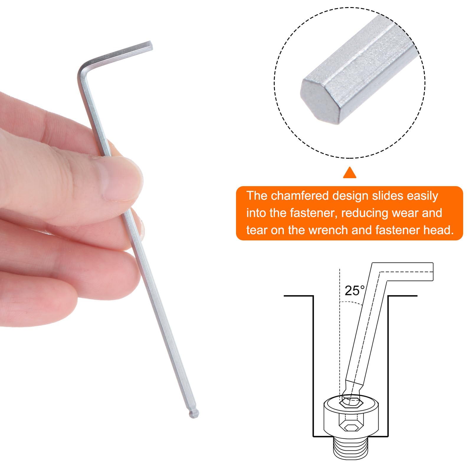 QUARKZMAN 4pz Chiave Esagonale Brugola Testa Sferica 2,5mm Metriche Braccio Lungo Forma L Strumento Riparazione Acciaio al Cromo Vanadio per Riparazioni Domestiche, Tono Argento