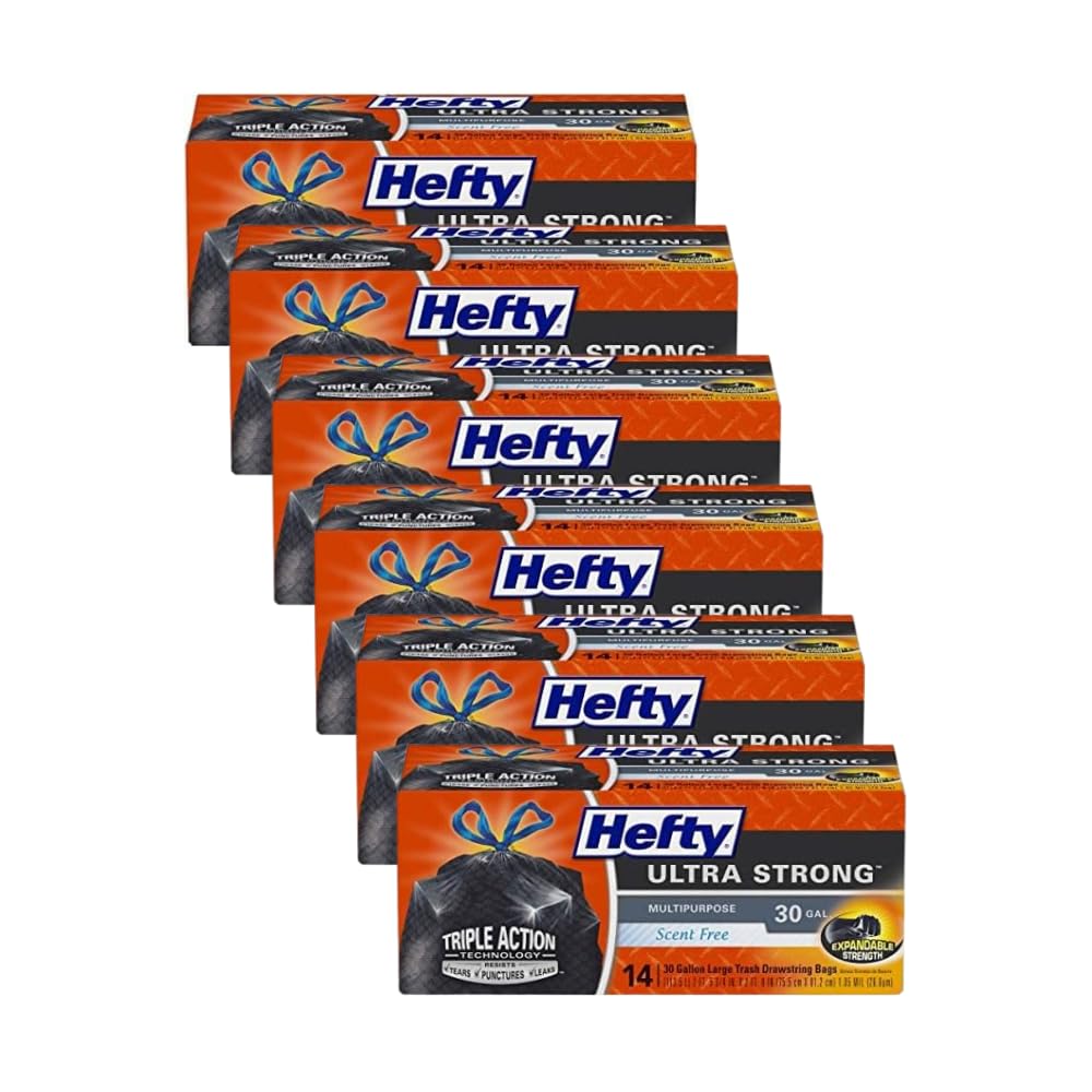 HeftyUltra Strong Multipurpose Large Trash Bags, Black, Unscented, 30 Gallon, 14 Count (Pack of 6)