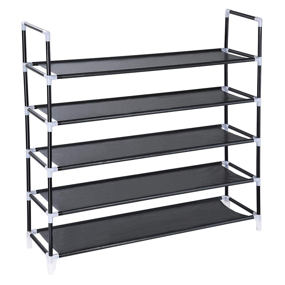 Soocool5 Tiers Shoe Rack Space Saving Shoe Storage Organizer Stainless Steel Frame Shoe Tower Cabinet Stackable Shelves Holds 20-25 Pairs Black