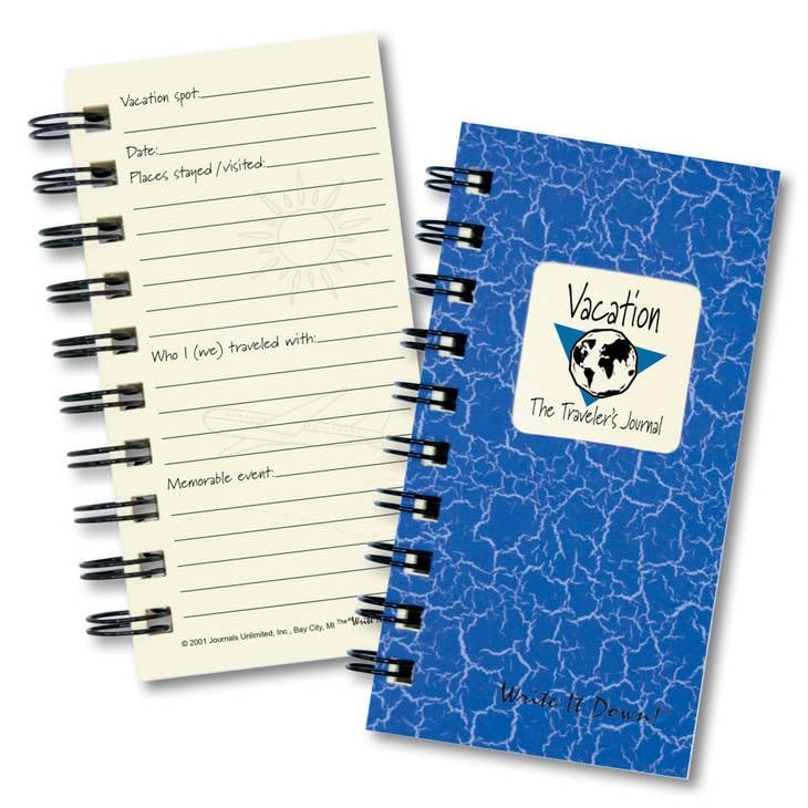 Write it Down series by Journals Unlimited, Guided Journal, Vacation, The Traveler's Journal, Mini-Size 3"x5.5", Blue Hard Cover, Made in USA