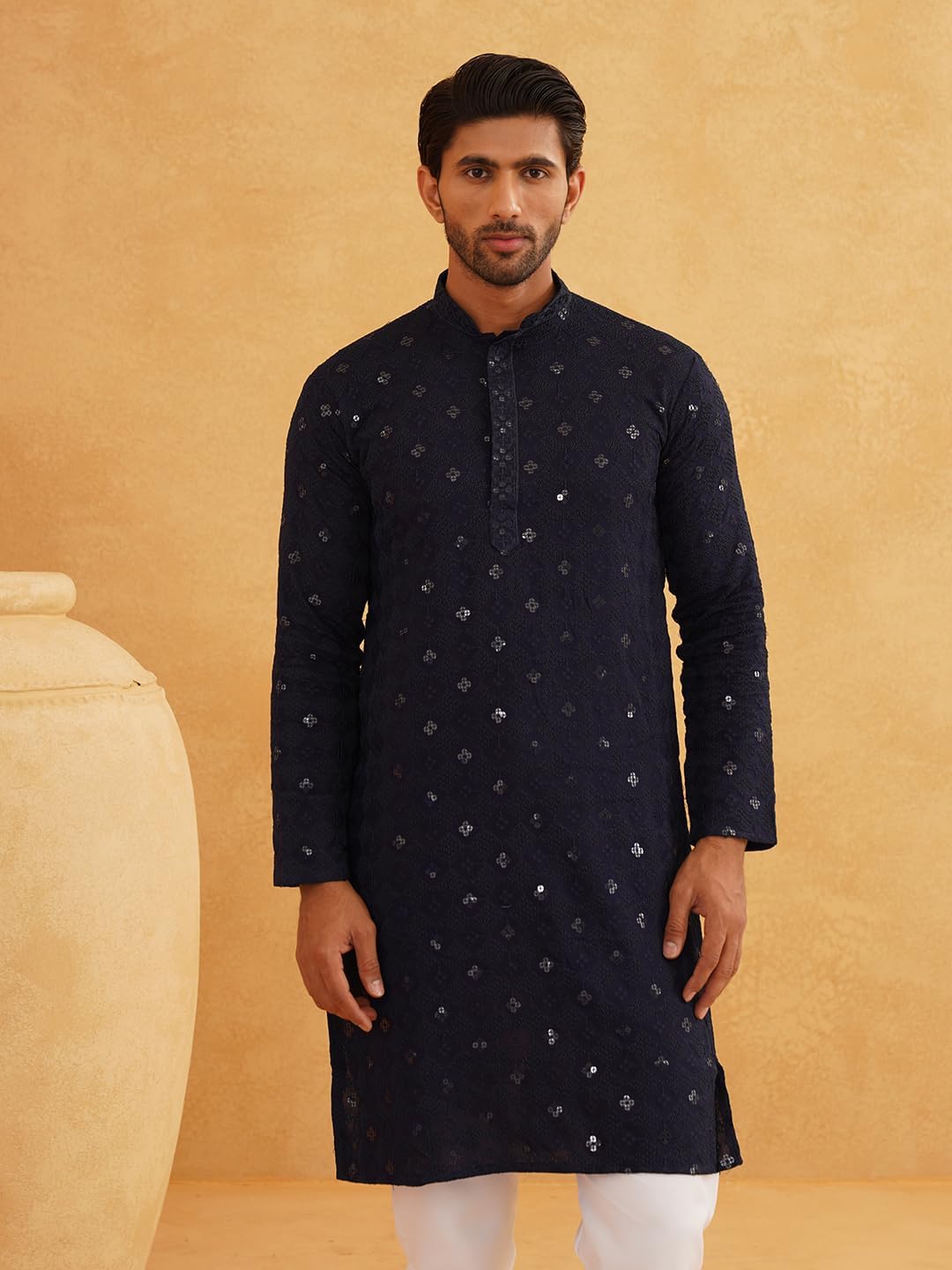 Sojanya (Since 1958 Men'S Cotton Embroidered Sequinned Kurta With White Churidaar Pyjama - Image 7