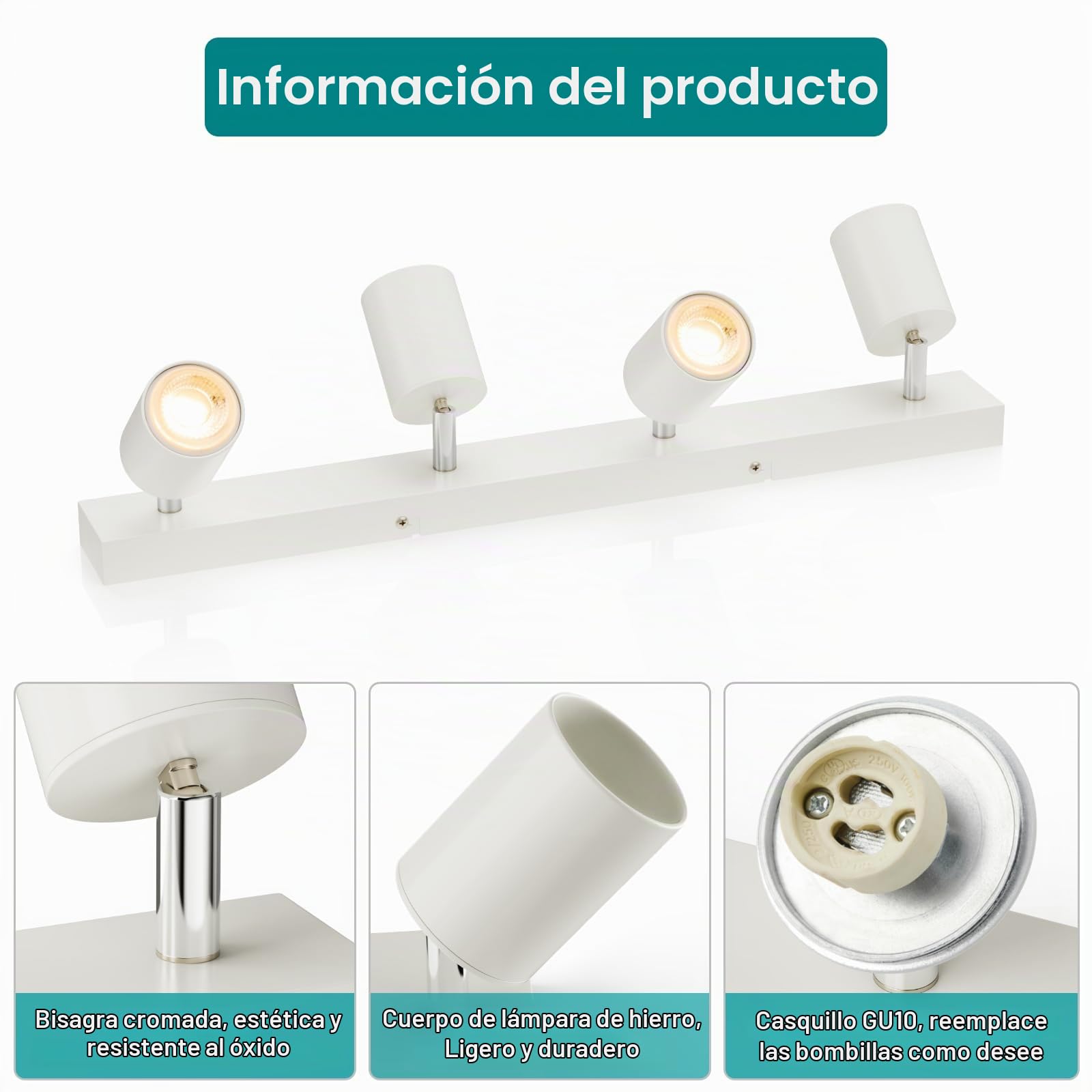 Wowatt - Lámpara de techo (4 focos, GU10, Rampa de foco orientable, lámpara de foco de techo blanco, luminaria para interior de techo, iluminación LED, techo giratorio, para sala de estar, dormitorio,