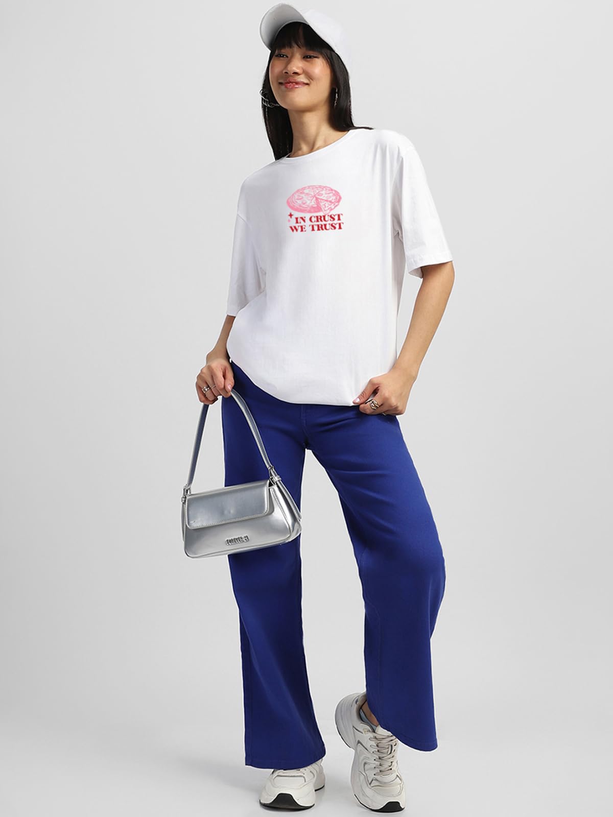 JUNEBERRY Camiseta de algodón 100 % puro de gran tamaño, ajuste holgado frontal y trasero, con estampado gráfico de Slice Society en blanco y negro, cuello redondo, para mujeres y niñas (tallas: S a