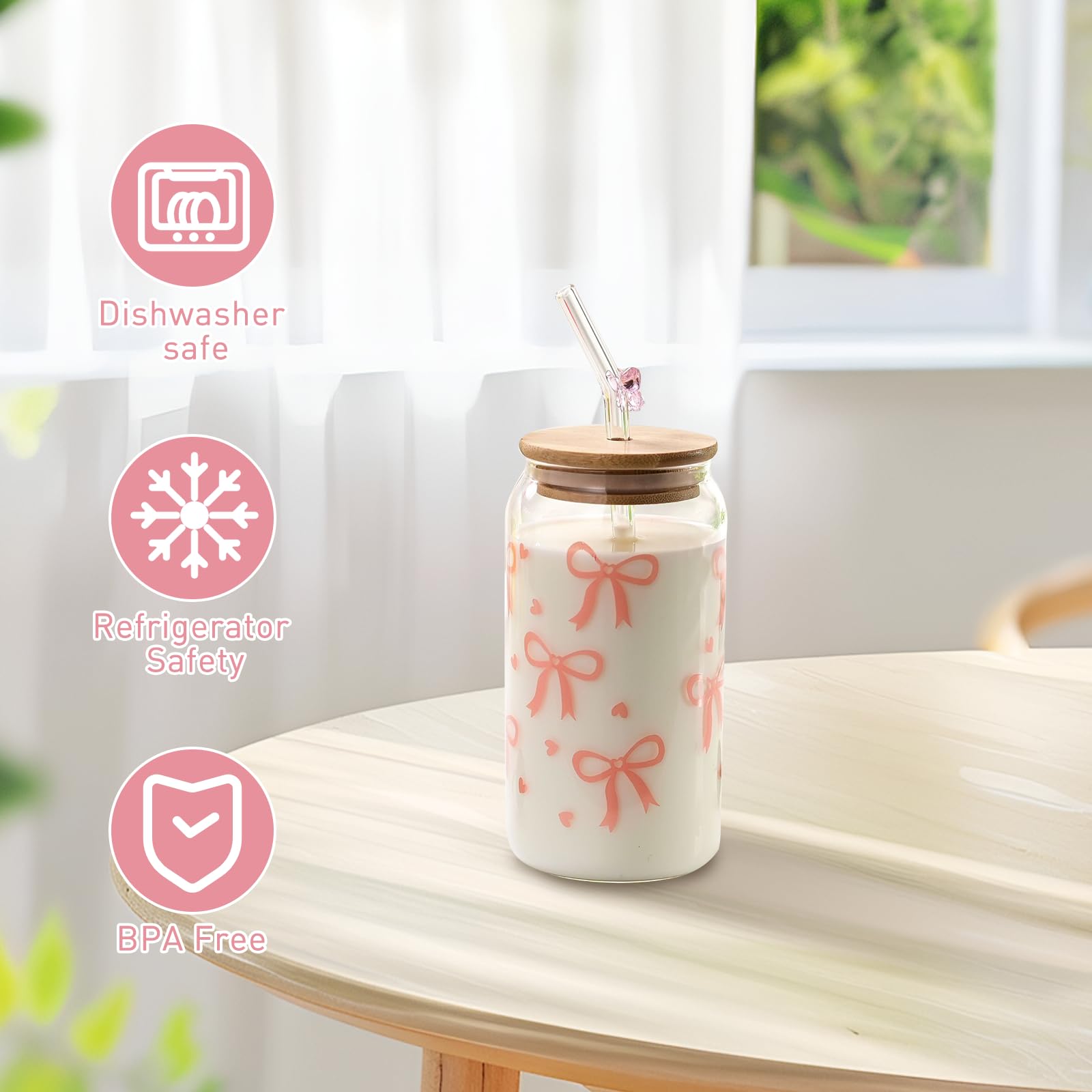 Glas met deksel en rietje,ESYFOR 16 oz Glas Tumbler Esthetische Bow Design glazen Tumbler elegante veelzijdige drinken glazen Matcha glazen voor Ijskoffie Smoothie Matcha Cocktail