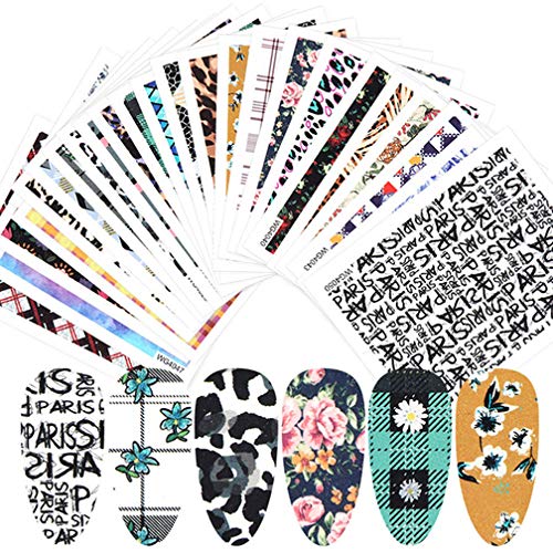 Water Transfer Nail Art Sticker Decals 25 Sheets Retro Flower Leopard Leaf Design Slider Nail Art Stickers for Women Fingernails Toenails Decorations Manicure Tips Wraps Charms